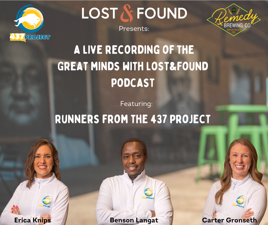 Live Podcast Recording at Remedy Brewing Company – graphic showing title and three runners from the 437 project – Erica Knips, Benson Langat, Carter Gronseth