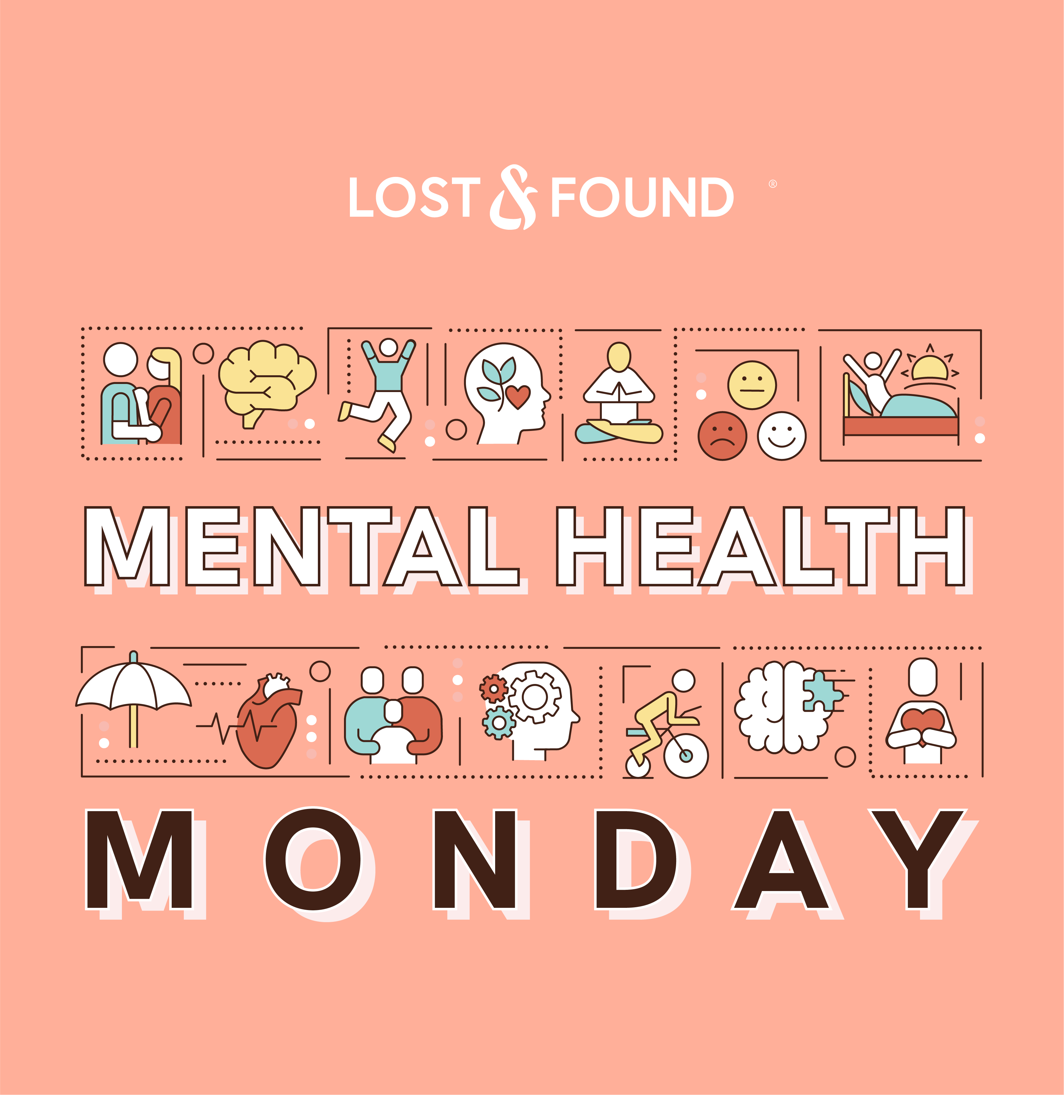 Mental Health Monday - illustration of line drawings with mental health themes