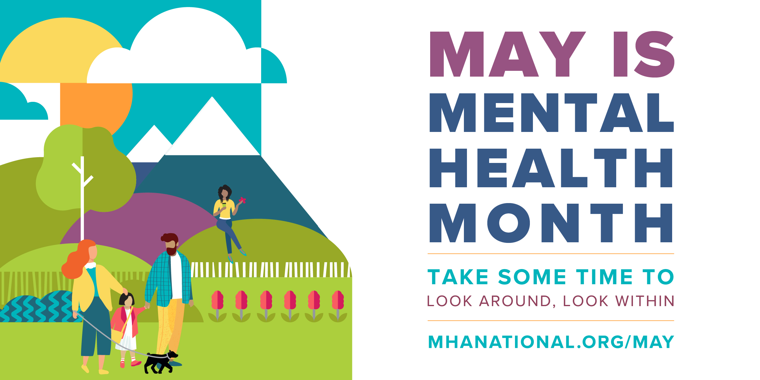 May is Mental Health Month. Illustration shows families outside.
