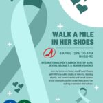 Walk a Mile in Her Shoes flier - teal ribbon, hearts, high-heeled shoe, event info,