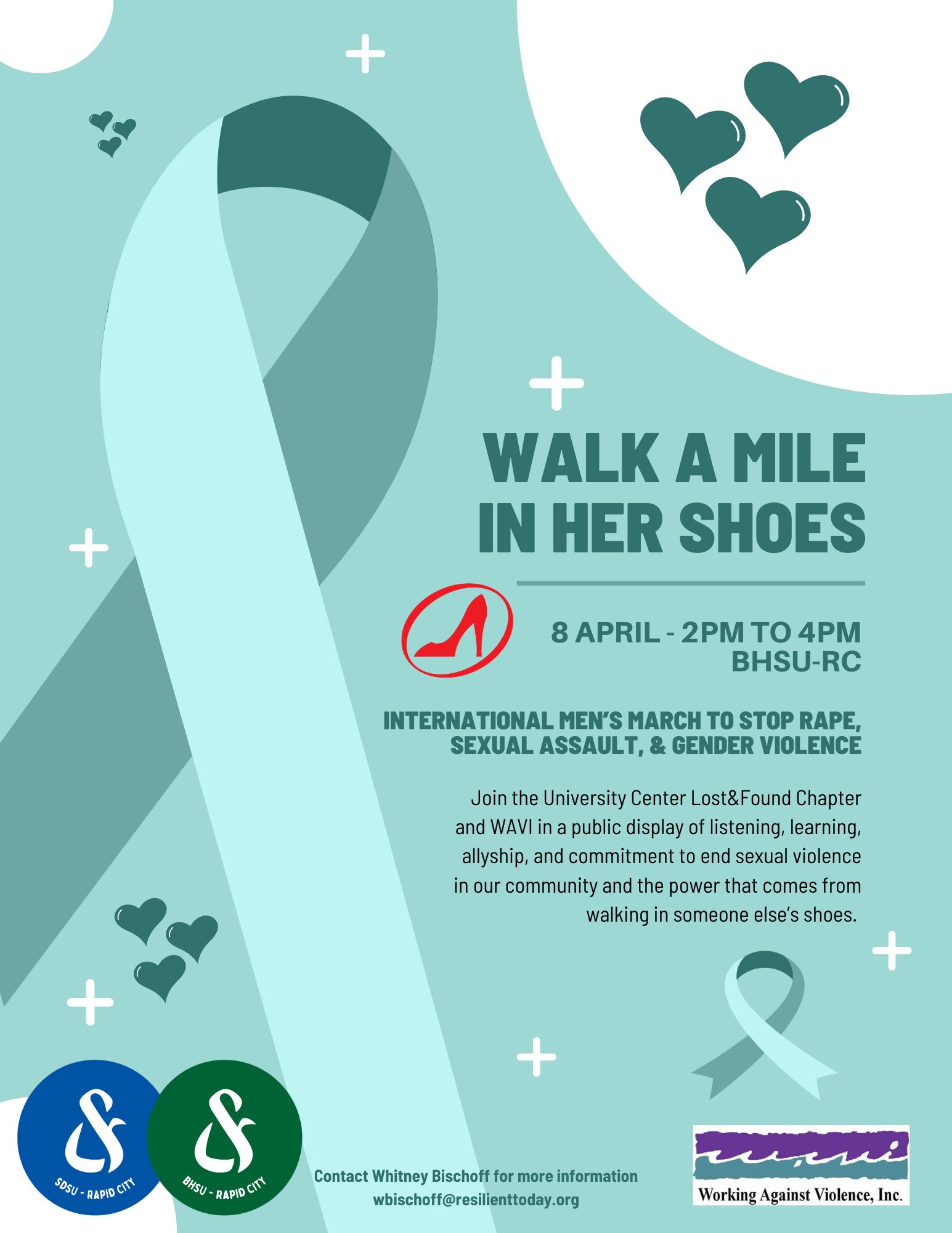 Walk a Mile in Her Shoes flier - teal ribbon, hearts, high-heeled shoe, event info,