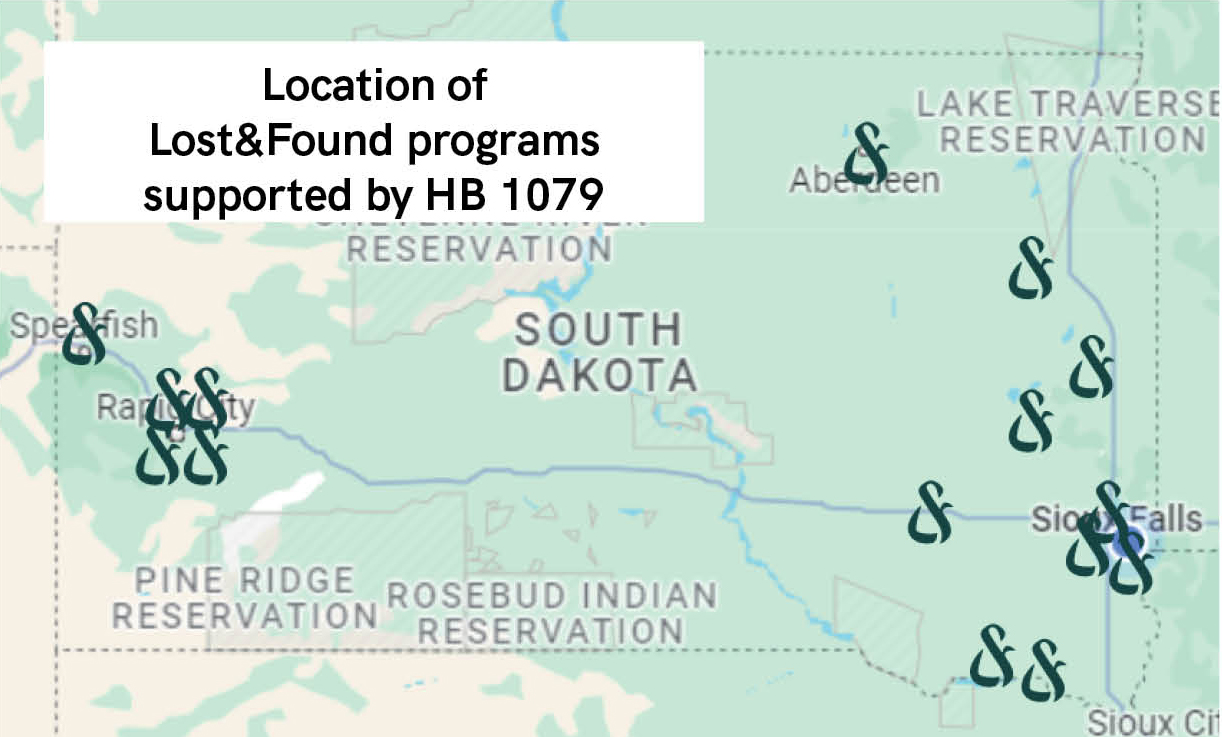 South Dakota map showing Lost&Found program locations